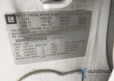 2013 Chevrolet Captiva Sport Lt z USA, uszkodzony, nr VIN 3GNAL3EK3DS640605